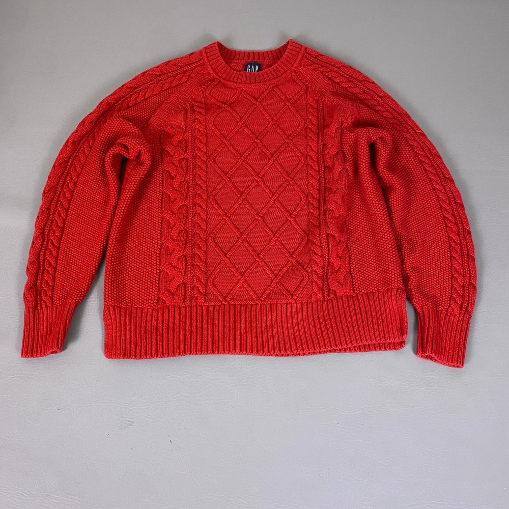 Gap Fisherman Knit Sweater Men's Size Medium Red Cable Knit Crew Neck Heavy EUC